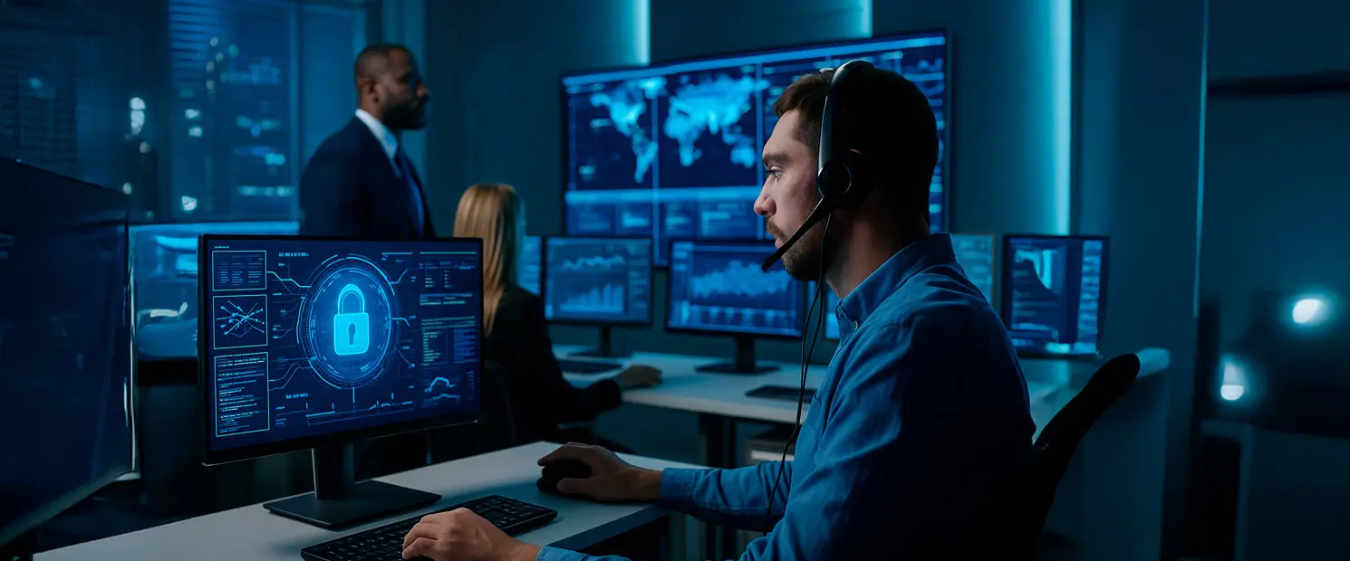 Equipo empresarial monitoreando ciberseguridad en 2025 con soluciones proactivas